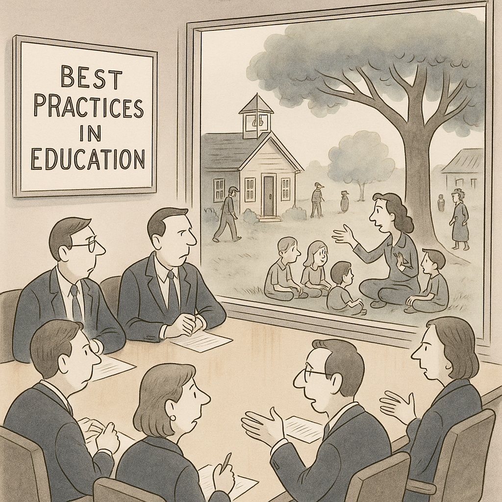 A group of urban educators in suits sit around a boardroom table discussing best practices in education while rural education is happening outside the window.
