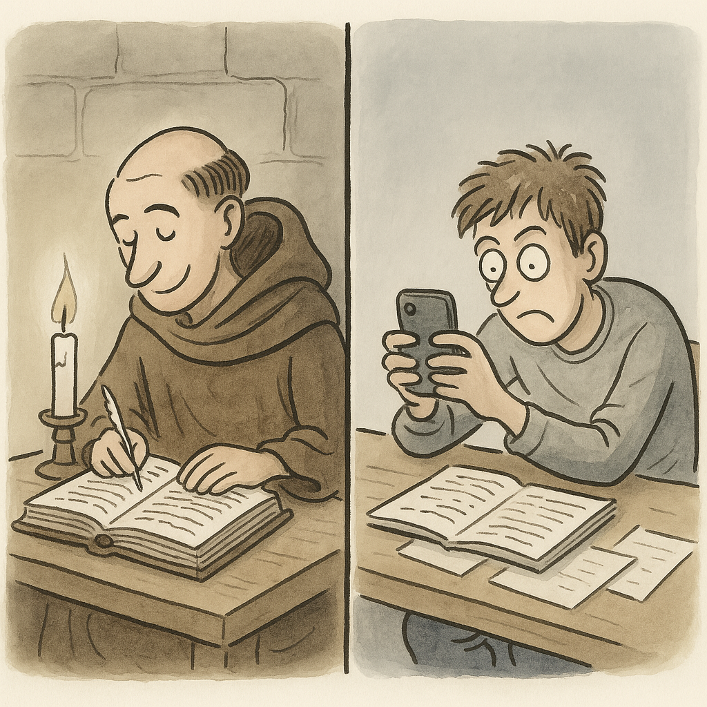 An image contrasting a peaceful medieval person writing notes in solitude with a modern student anxiously taking photos of their work for Instagram.
